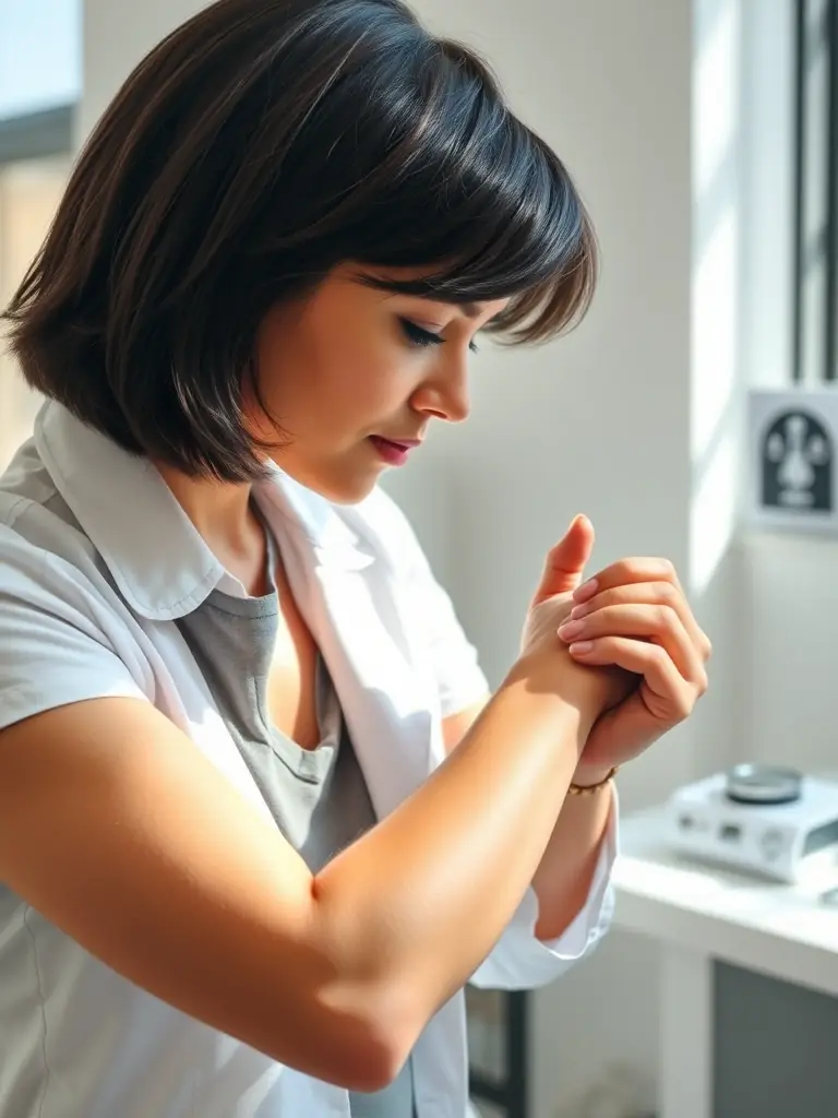 Close-up of a dermatologist gently applying cream to a patient's arm affected by eczema, showcasing the clinic's medical dermatology services.