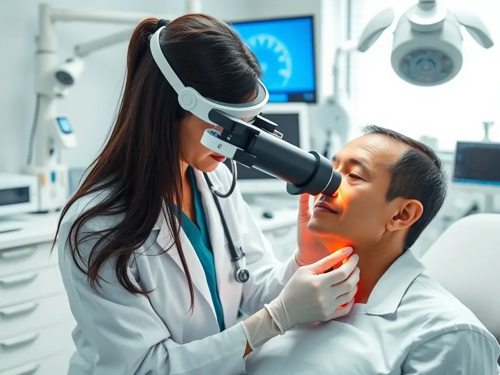 A dermatologist examining a patient's skin with a dermatoscope, focusing on detail and precision.