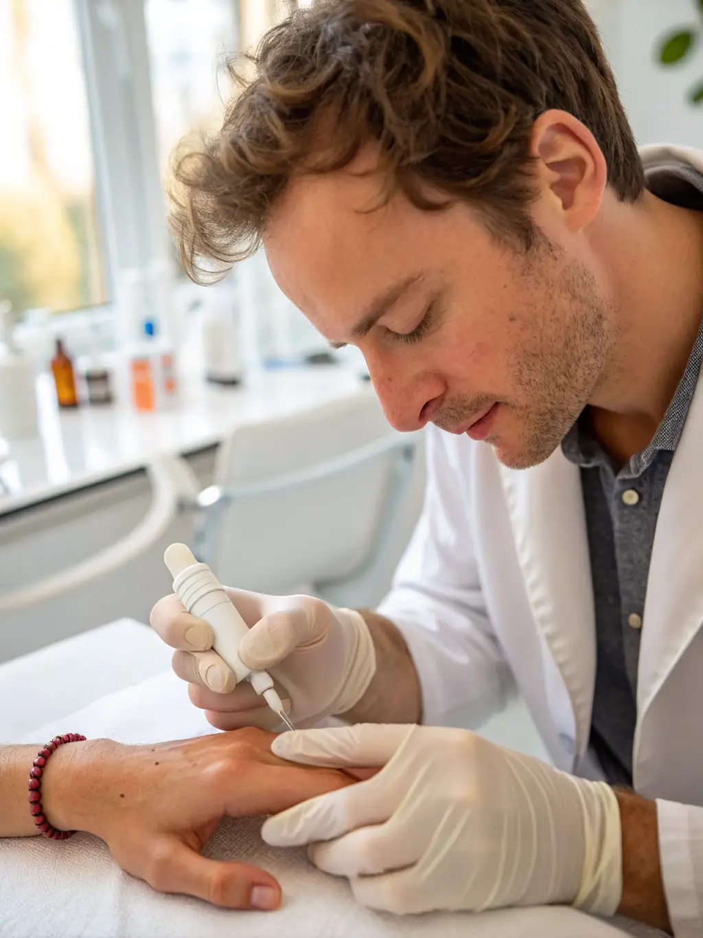 A dermatologist administering a targeted treatment for a specific skin condition, such as eczema or psoriasis.