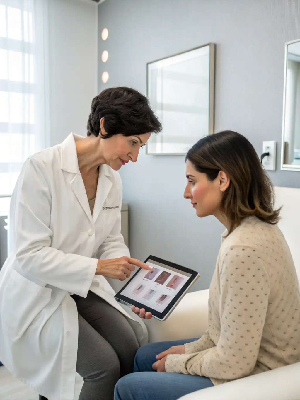A dermatologist consulting with a patient about their rosacea treatment options, emphasizing a caring and supportive environment.