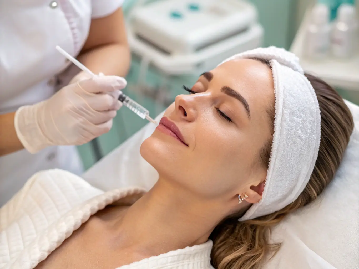 A dermatologist performing a cosmetic procedure, such as Botox injections, in a clean and professional clinic setting.