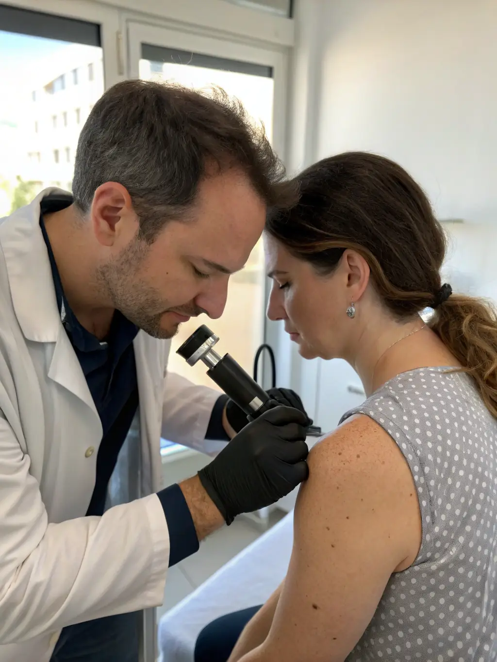 A dermatologist performing a non-invasive skin cancer screening using advanced imaging technology.