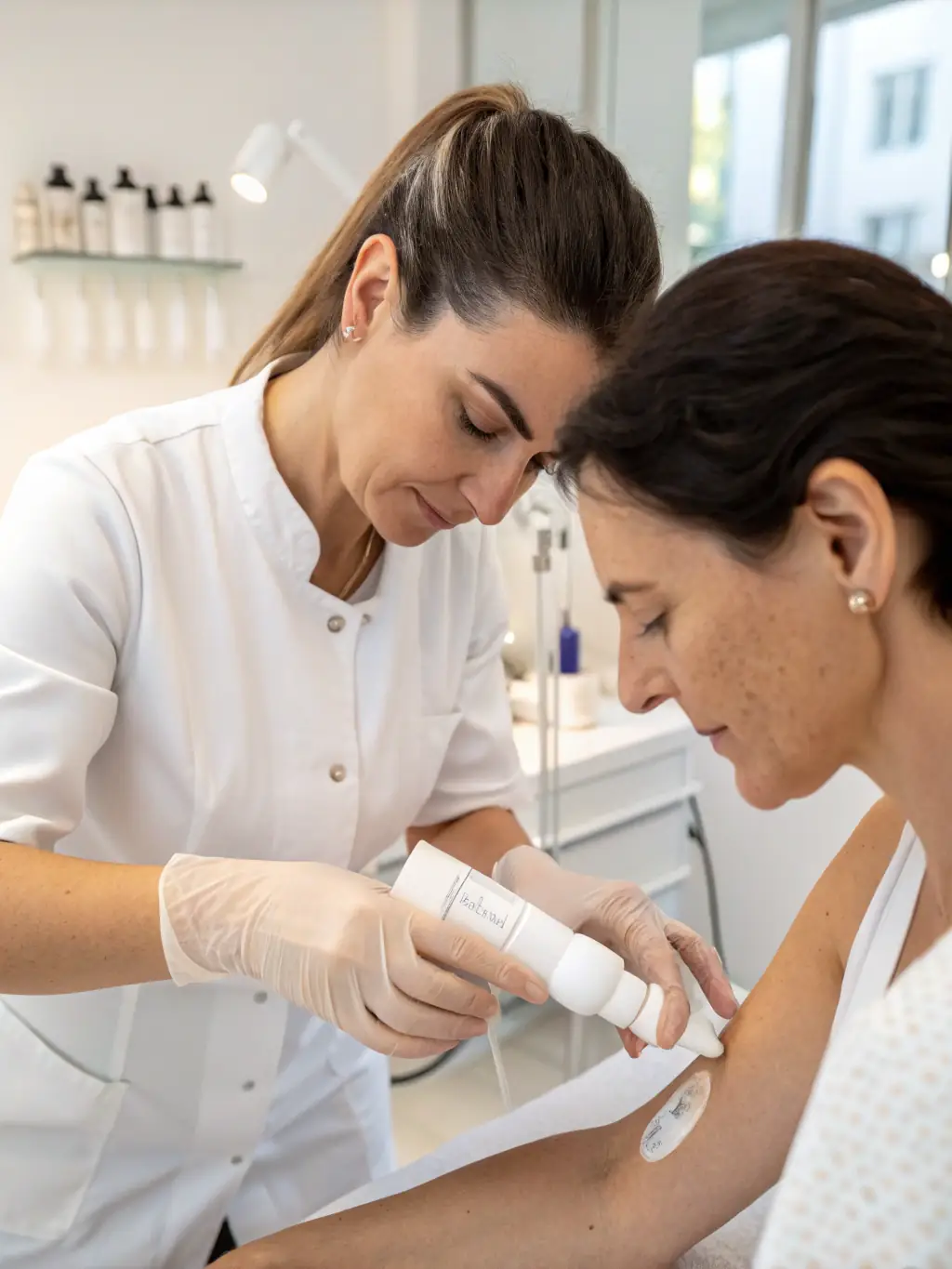 A dermatologist using specialized equipment to treat psoriasis on a patient's back, illustrating the clinic's commitment to advanced psoriasis care.