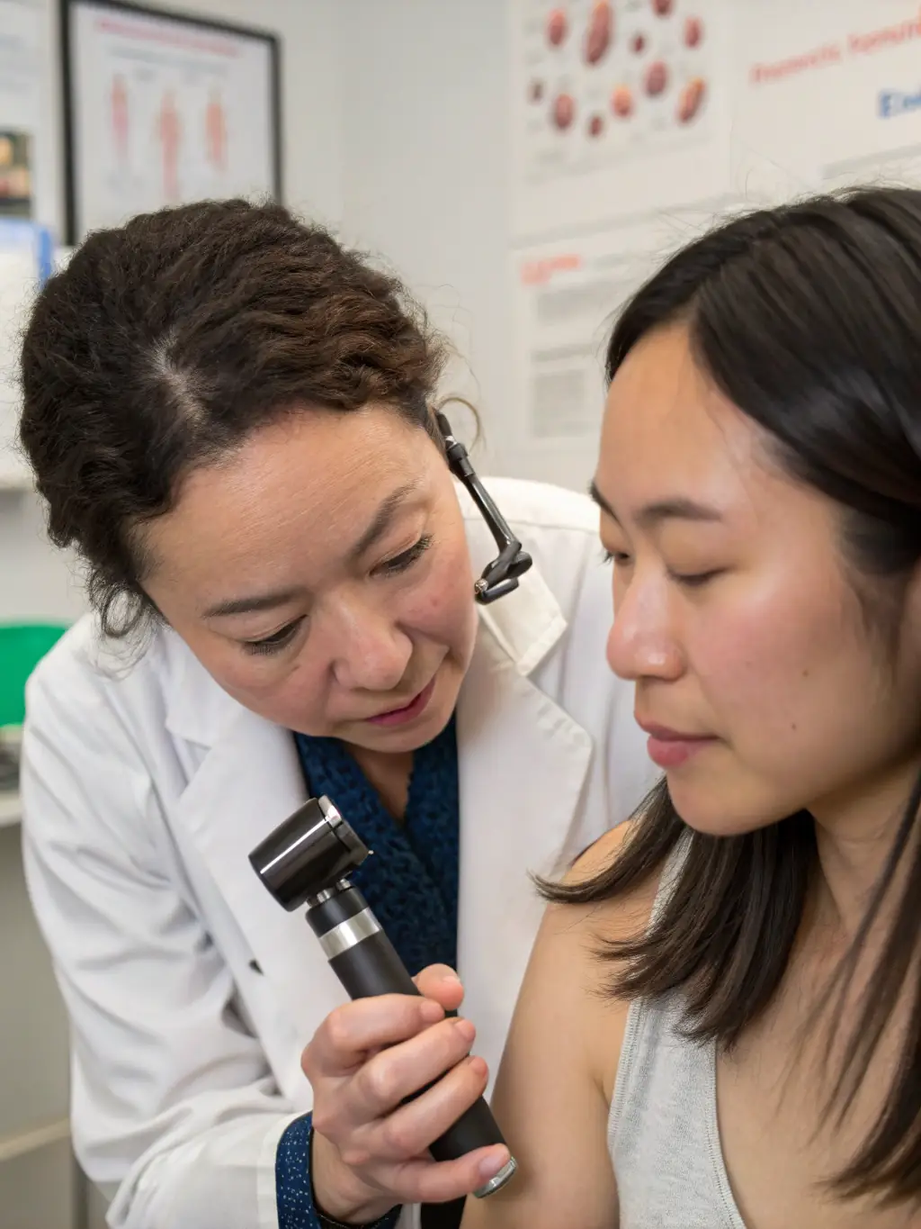 A dermatologist carefully examining a patient's skin during a consultation, showcasing the personalized approach to medical dermatology.
